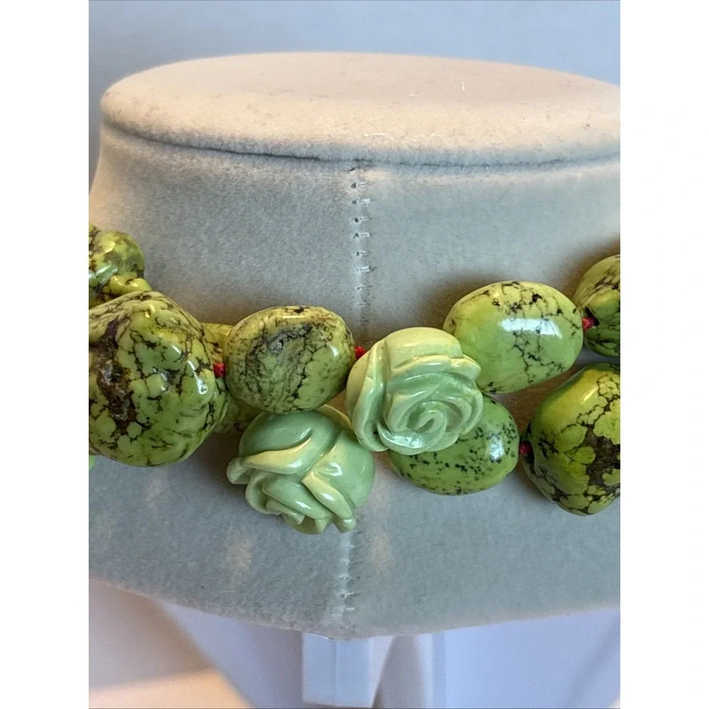 Artisan Apple Green Mineral Gaspeite Nugget Rose Southwest Statement Necklace